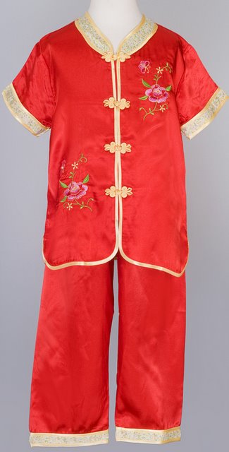 Flower Silk Mandarin Suit Chinese Apparel Kids Pajamas Suits