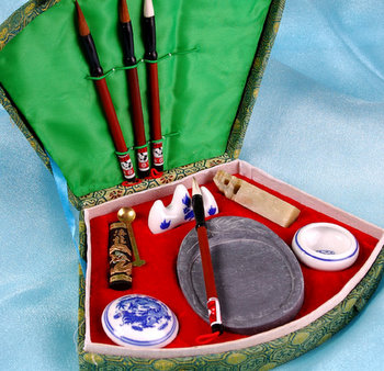 Vintage Chinese Calligraphy Set Fan Box 5 Brushes Red Ink Stone