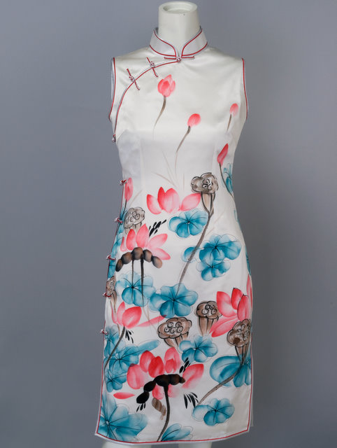Hand-Painted Lotus Flower Mandarin Dress | Chinese Apparel | Women ...